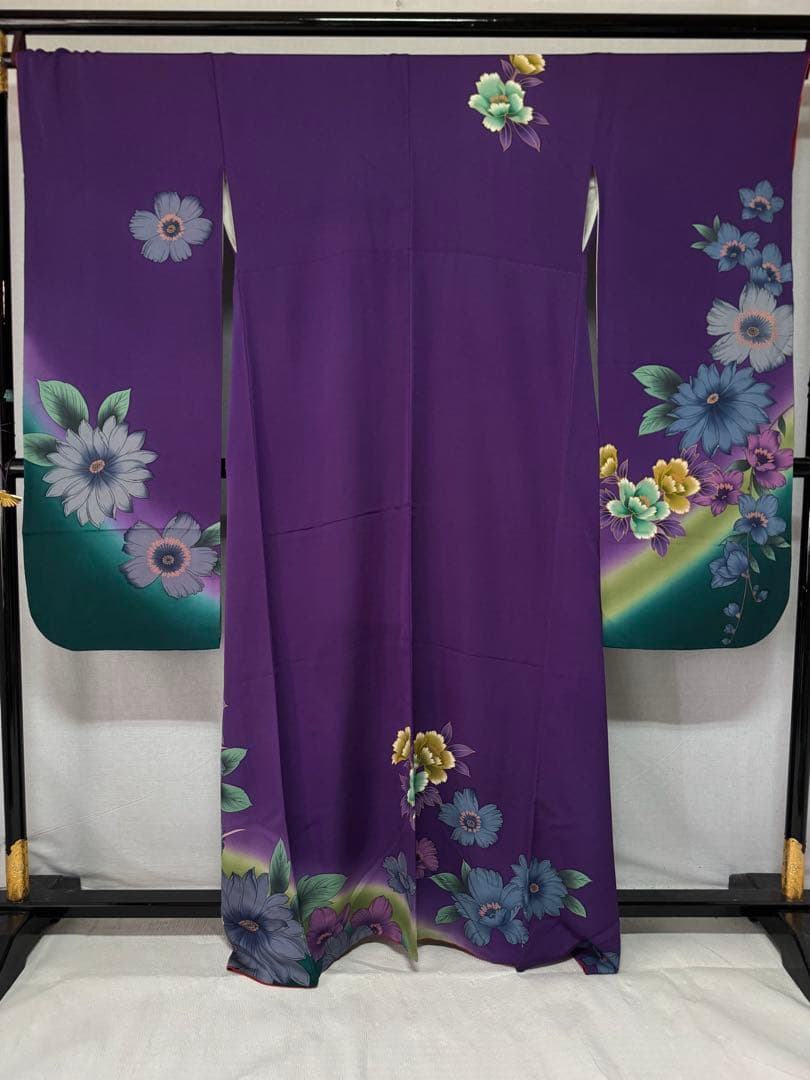 [美品] ヴィンテージ　本振袖　正絹　紫　緑　高身長　成人式　結婚式　礼装