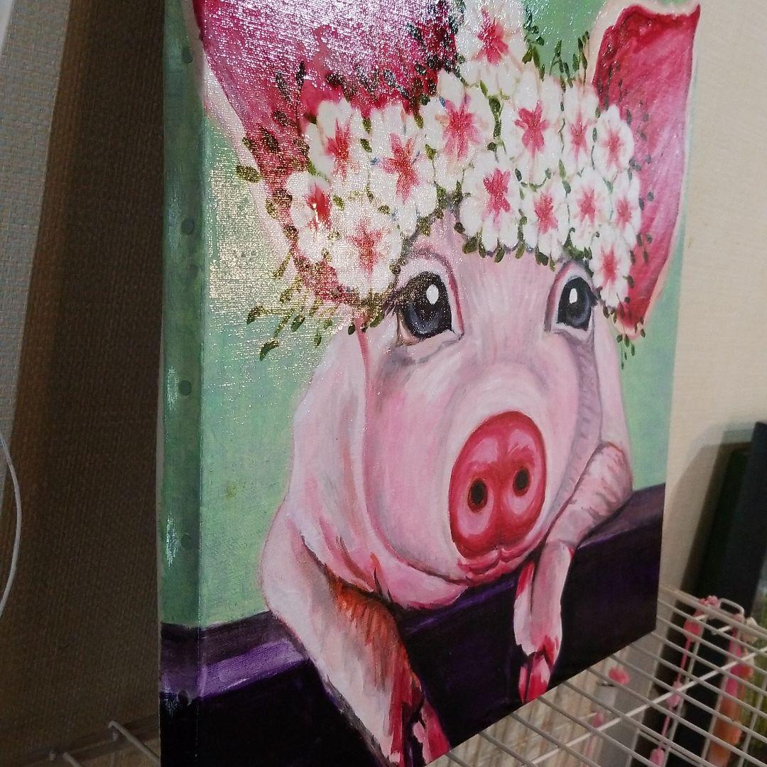 油絵　みーちゃん確認　頭に花をのせた豚