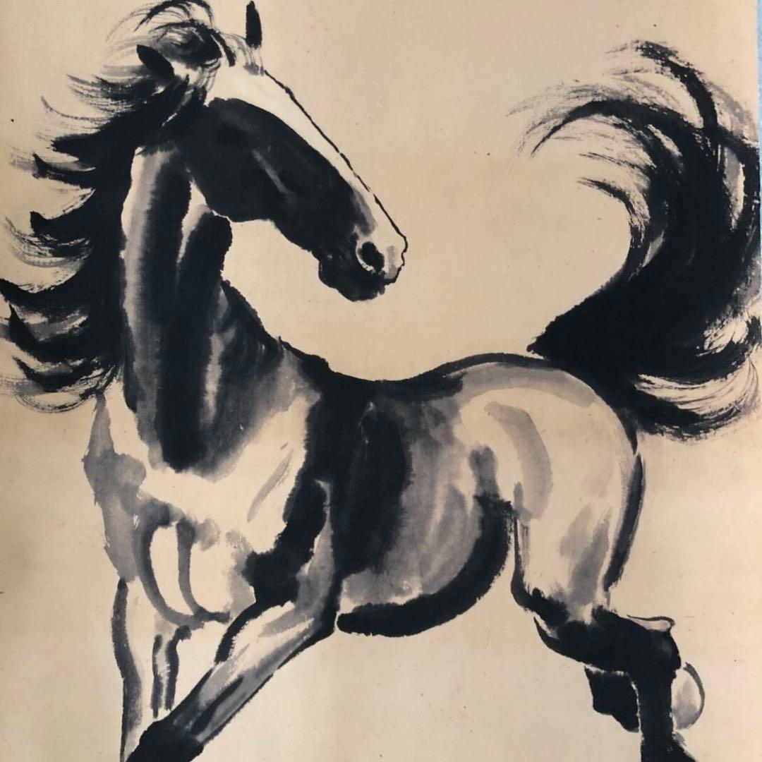 中国美術 掛け軸 馬図 奔馬 水墨画風 中堂 三尺