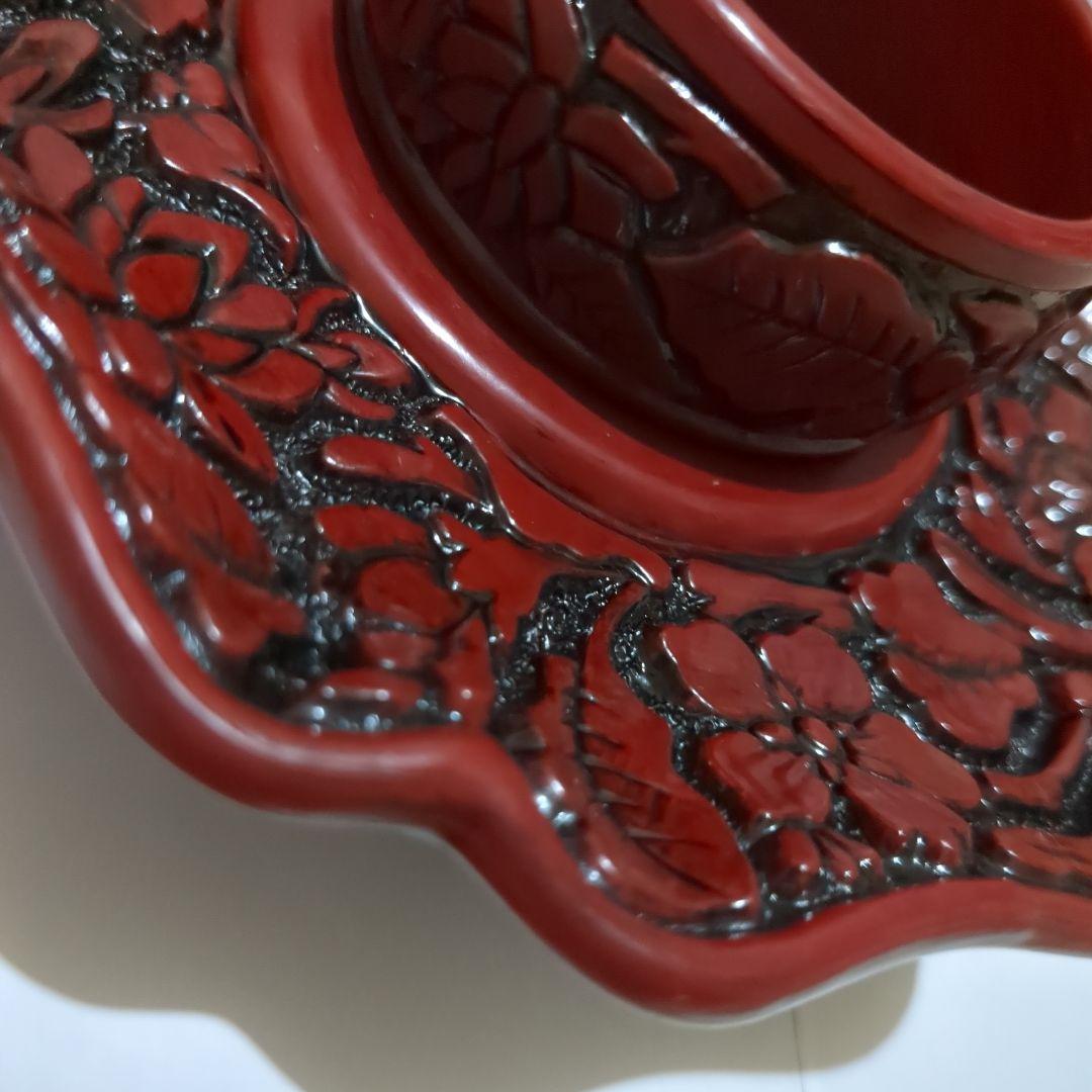 天目台　茶道　お茶の稽古 天目茶碗用　茶椀　えんじ色　彫り物