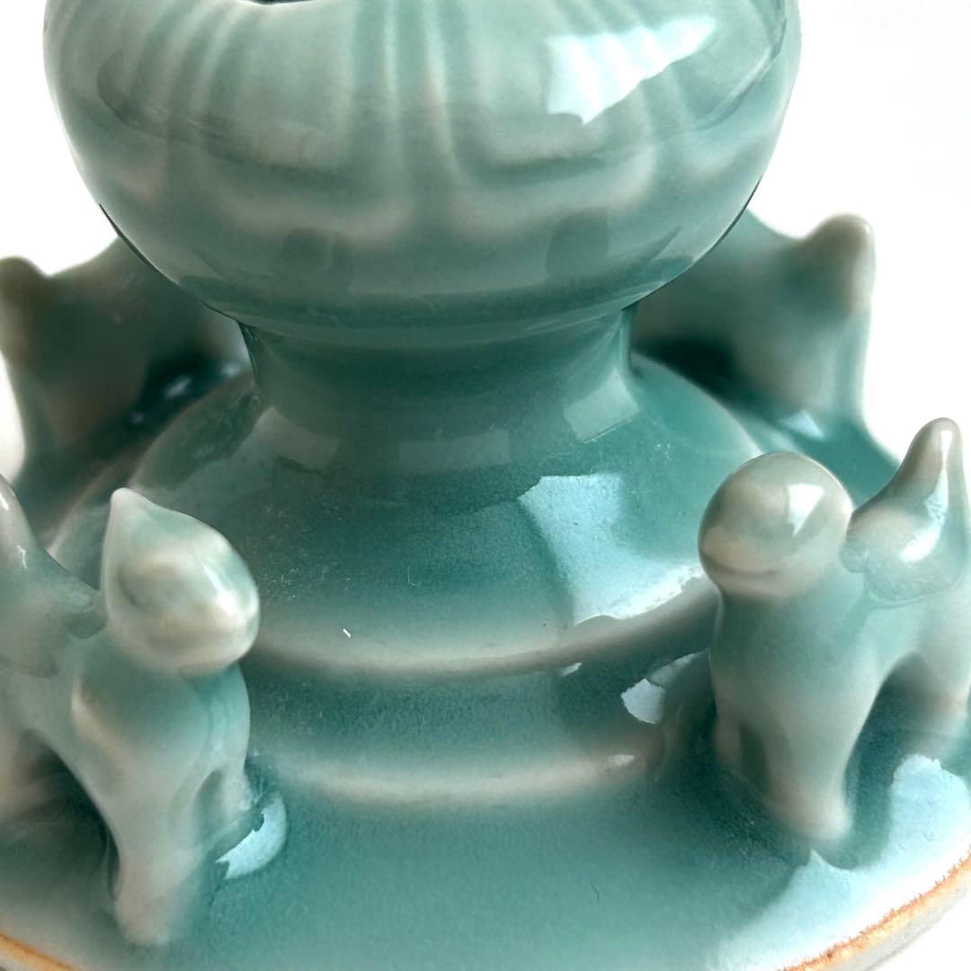 鍋島 小笠原長春 青磁 環付香炉 三足香炉 唐草模様 獅子 桐箱入り