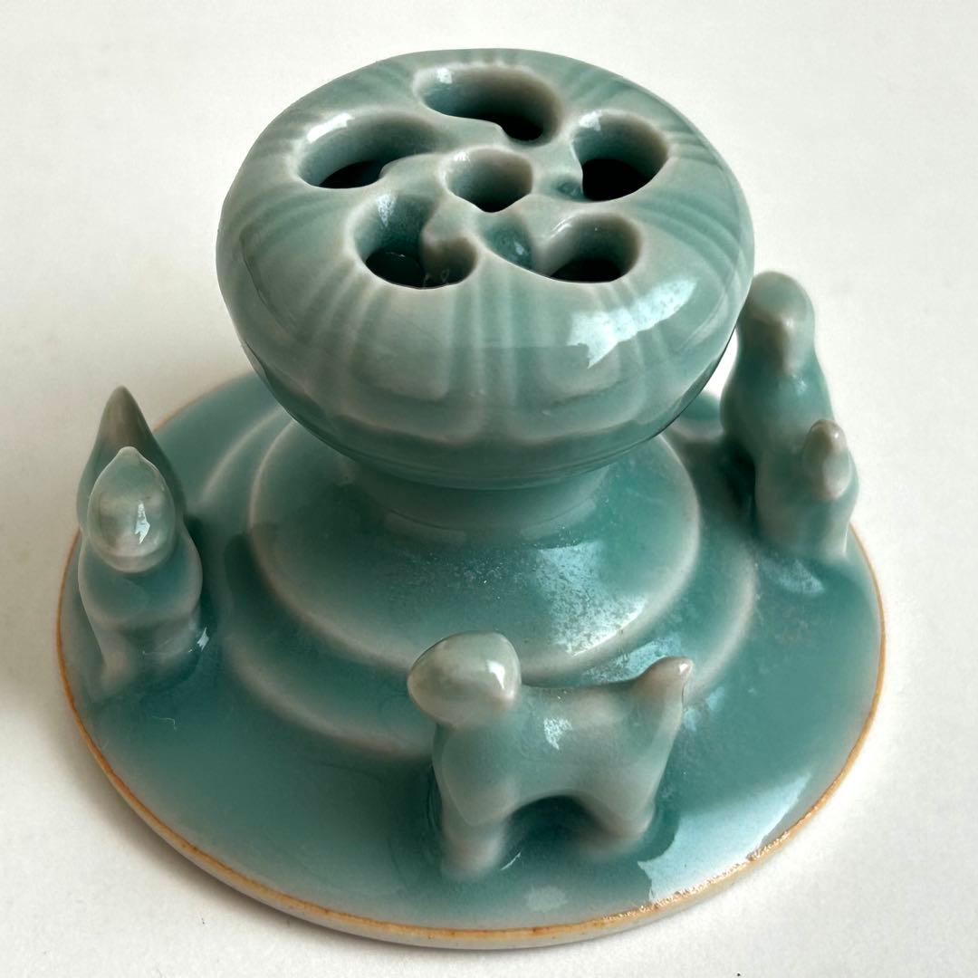 鍋島 小笠原長春 青磁 環付香炉 三足香炉 唐草模様 獅子 桐箱入り