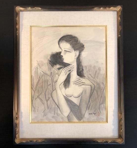 ◆鑑定 登録済◆保証：東郷青児「婦人像」水彩 額装 絵画 洋画家