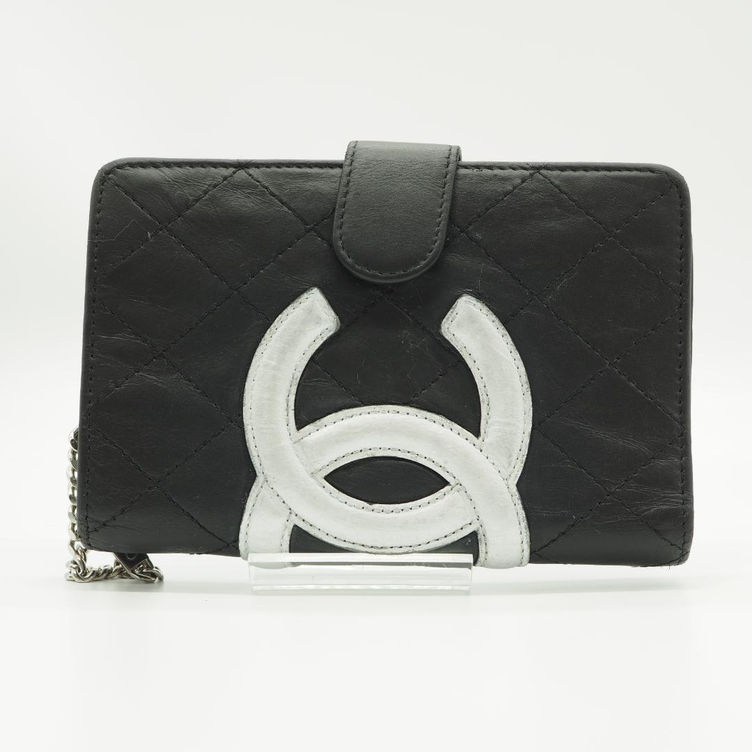 CHANEL シャネル カンボンライン ミドル 2つ折り財布 黒×シルバー