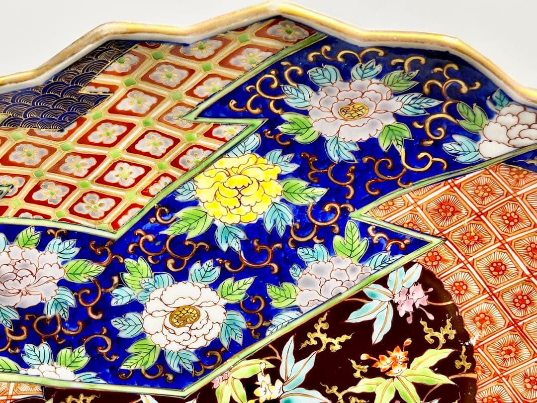 深川栄左衛門 染錦草花有職文扇形大皿 幕末 明治 香 蘭社 有田 伊万里