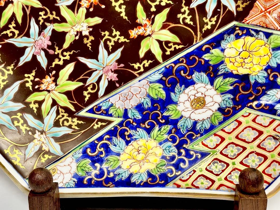 深川栄左衛門 染錦草花有職文扇形大皿 幕末 明治 香 蘭社 有田 伊万里