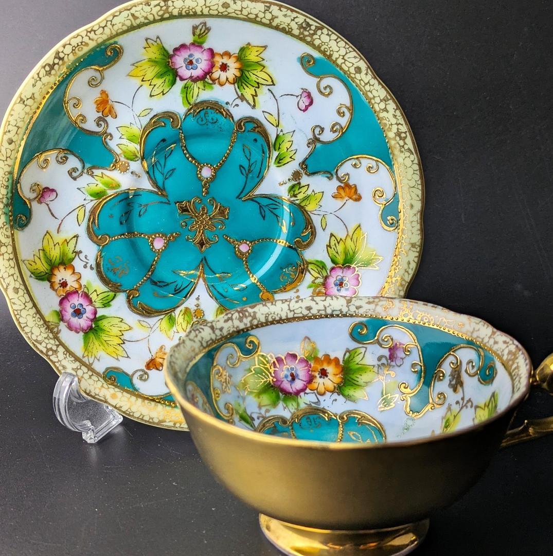 里帰り★佐治貿易 金彩金盛上草華紋様 ターコイズ カップソーサー