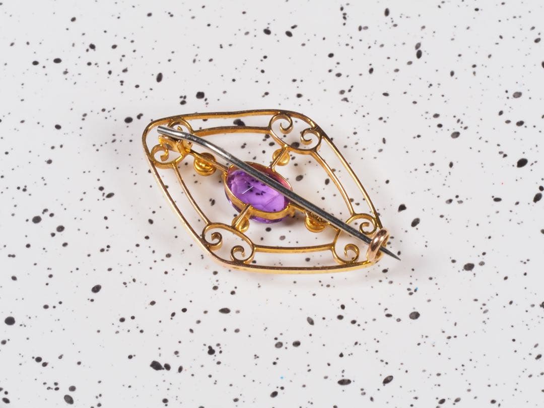 アメジスト　シードパール　9金　ブローチ　エドワーディアン期　刻印
