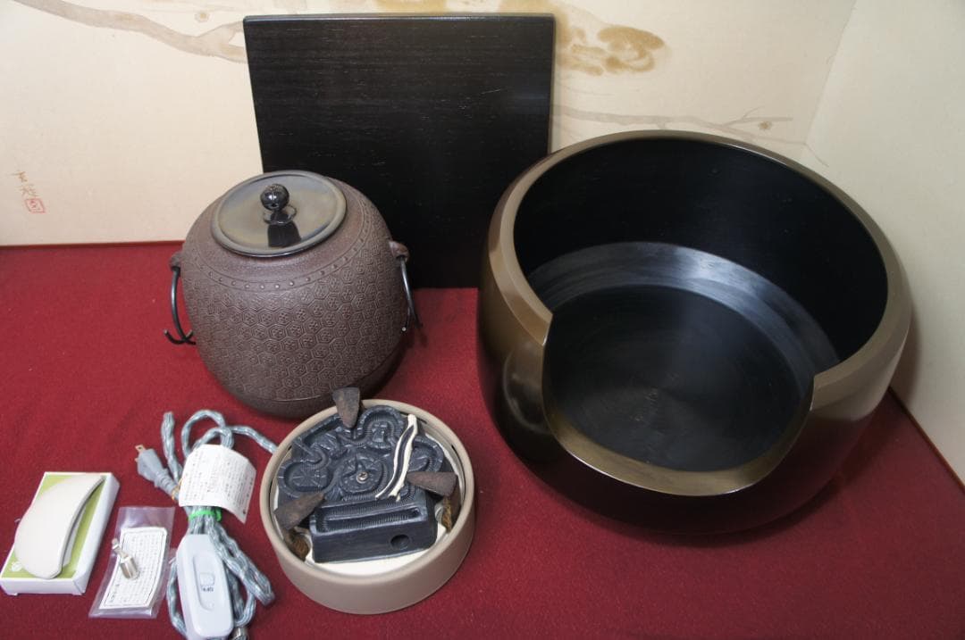 ☆唐銅面取風炉 在銘 棗釜 釜環 電熱器 他フルセット送料込み