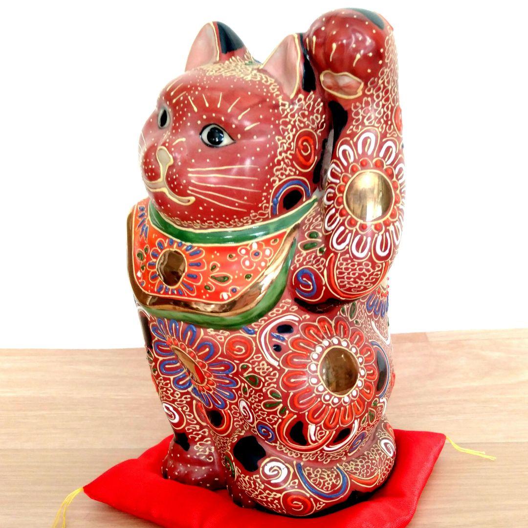 九谷焼　八橋窯　招き猫　7号 (20cm)　美品　縁起物　左手　千客万来