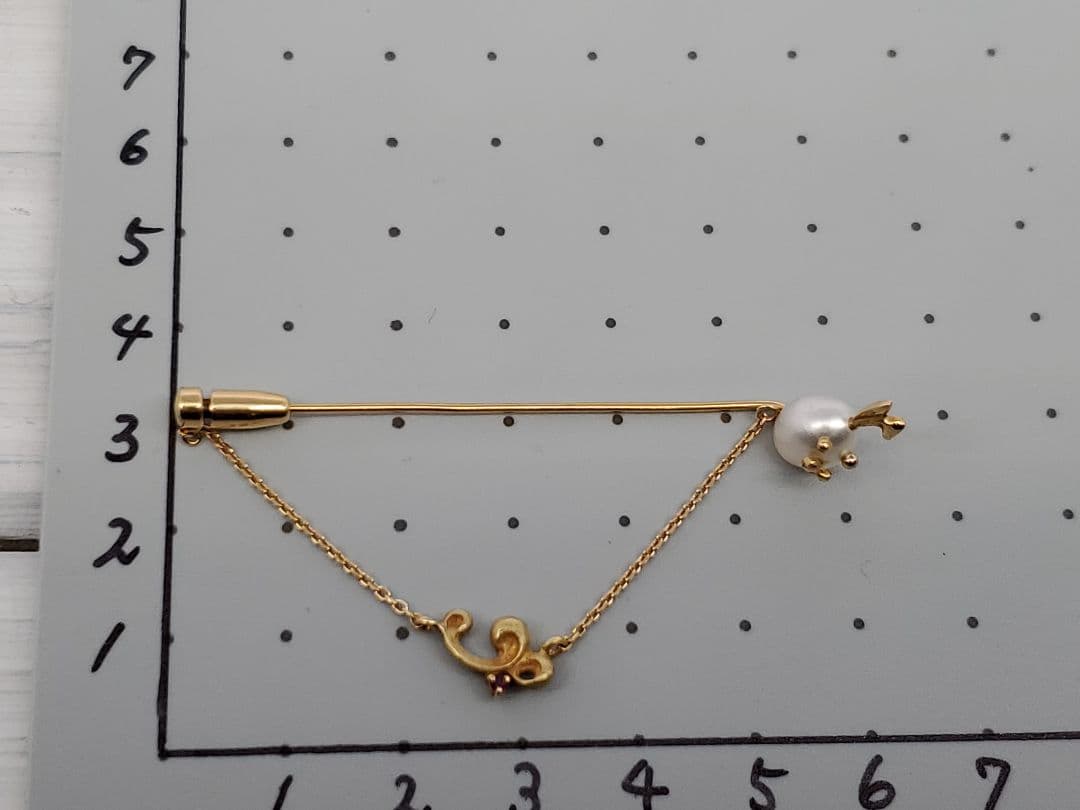 管185 K18 パール　ルビー　ブローチ　タイピン　3.1g