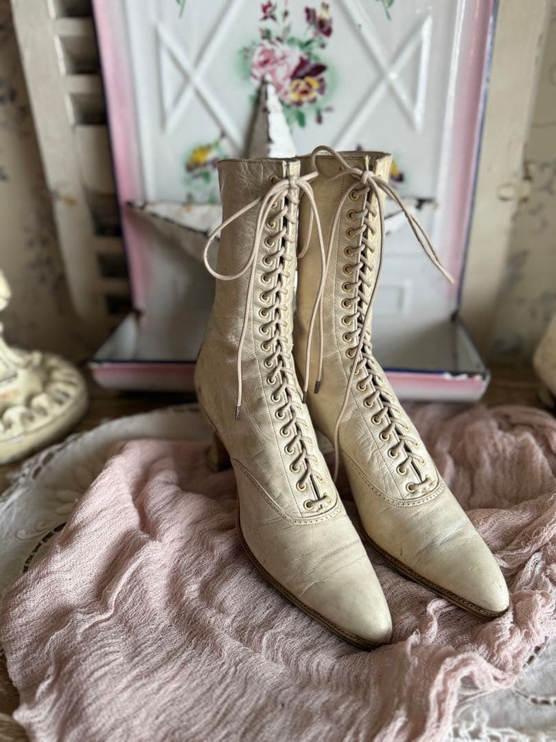 フランスアンティークヴィクトリアンレースアップウェディングレザーブーツシューズ