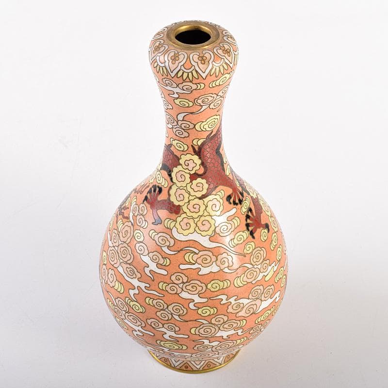 中国　景泰藍　古七宝琺瑯彩　雲竜文　蕾口瓶　共箱　D　R7822