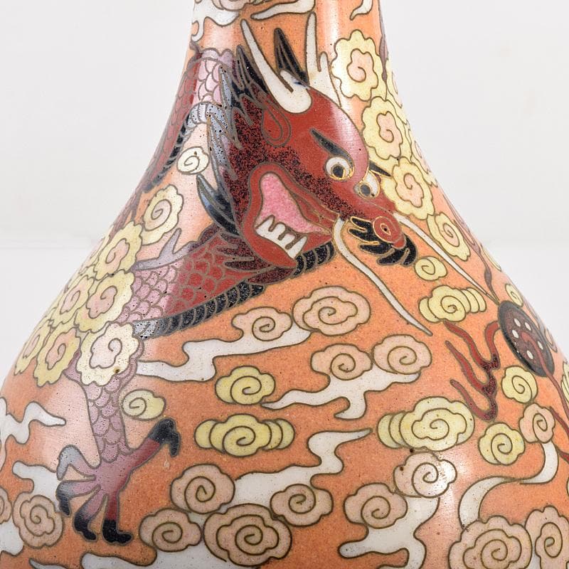 中国　景泰藍　古七宝琺瑯彩　雲竜文　蕾口瓶　共箱　D　R7822