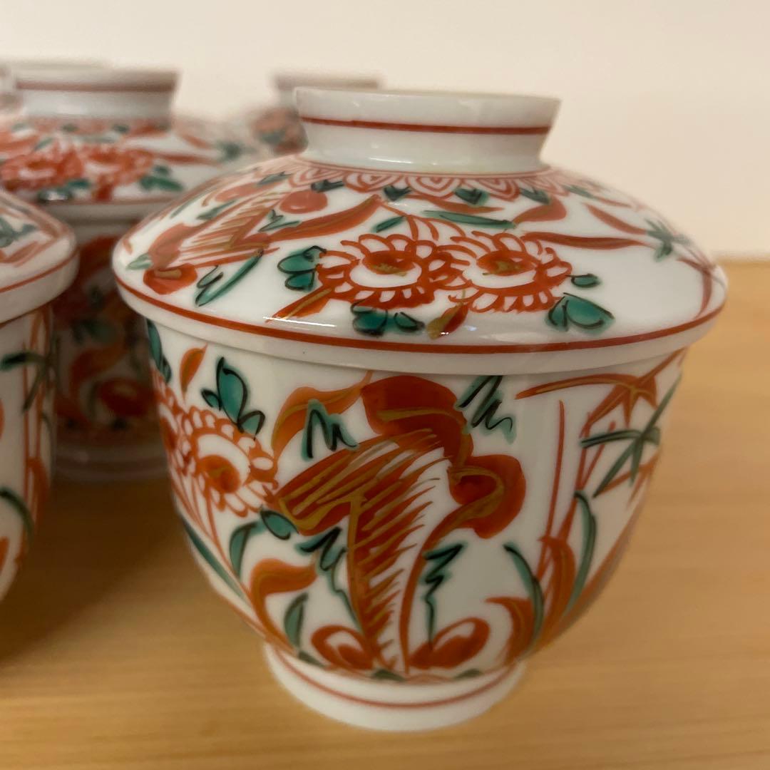 春田一陶 造 赤呉須花草図蒸茶碗8客 共箱