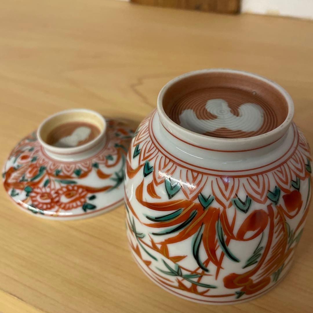 春田一陶 造 赤呉須花草図蒸茶碗8客 共箱