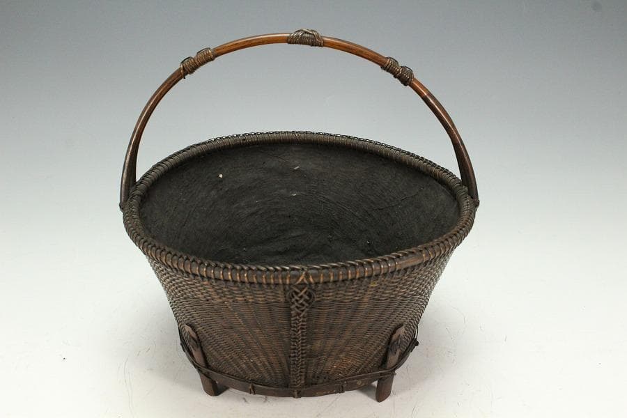 茶道具 唐物 竹網 籠 炭斗 手付 時代物(K-YC464)