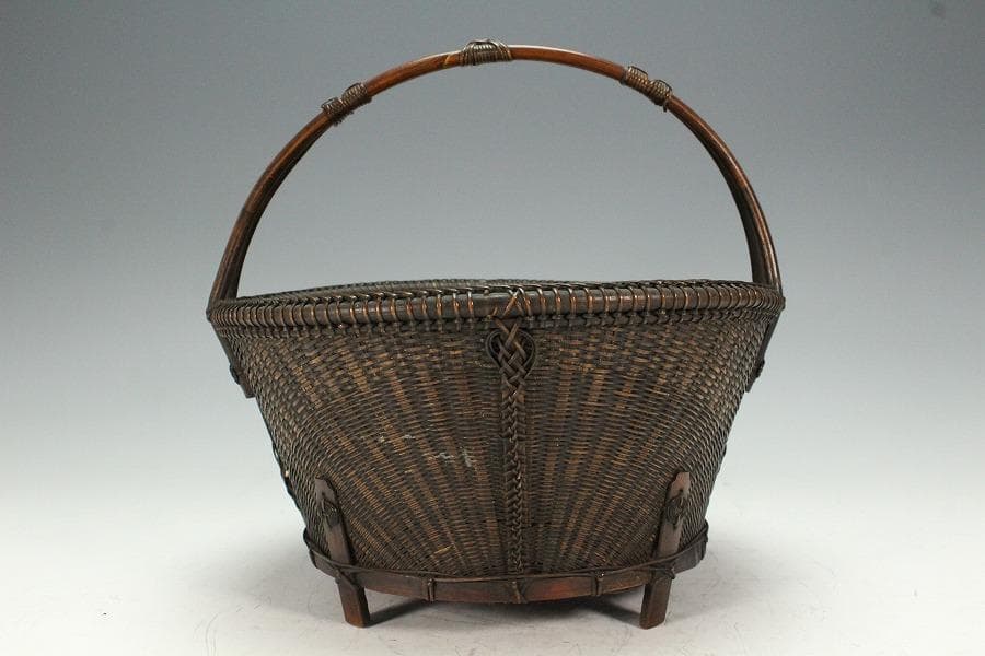 茶道具 唐物 竹網 籠 炭斗 手付 時代物(K-YC464)