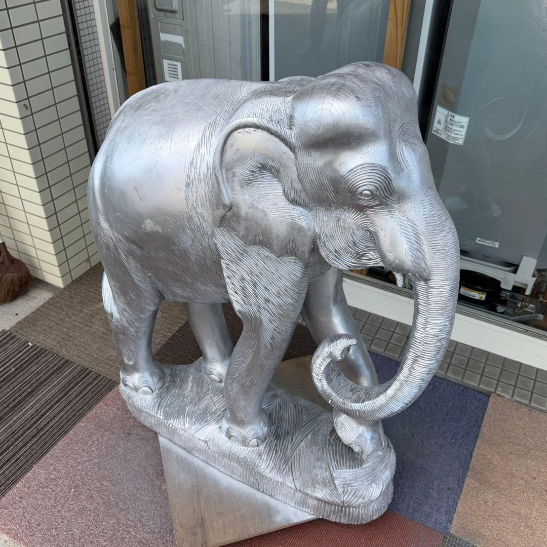 【特大サイズ‼️】木彫り 象の置き物 置物 インテリア オブジェ シルバーカラー