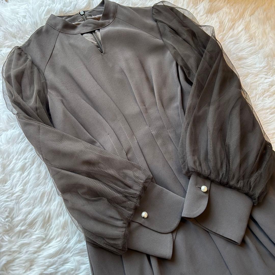 【美品】niana Vネックシアースリーブドレス　チャコール Mサイズ 結婚式