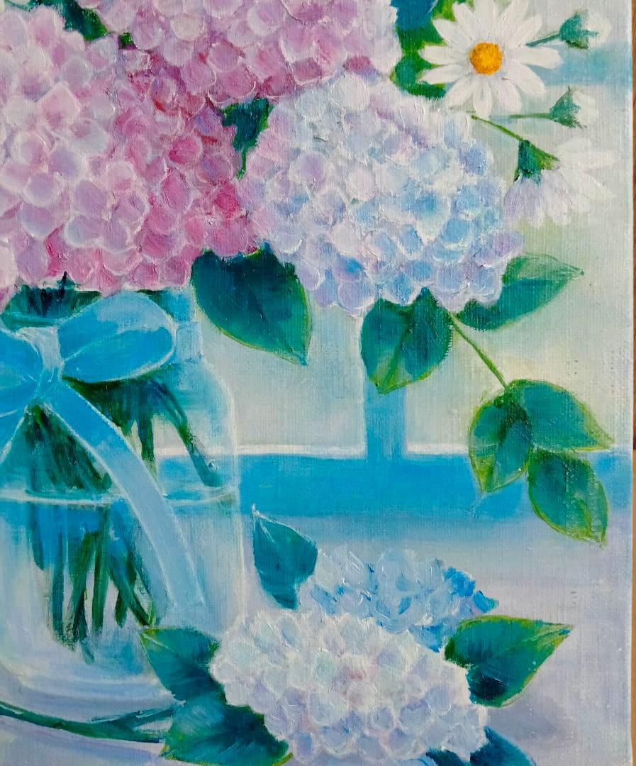 油絵 ガラス瓶に紫陽花 F４ 洋画家 池畠史幸 新作.肉筆画