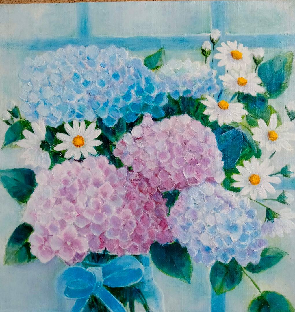 油絵 ガラス瓶に紫陽花 F４ 洋画家 池畠史幸 新作.肉筆画