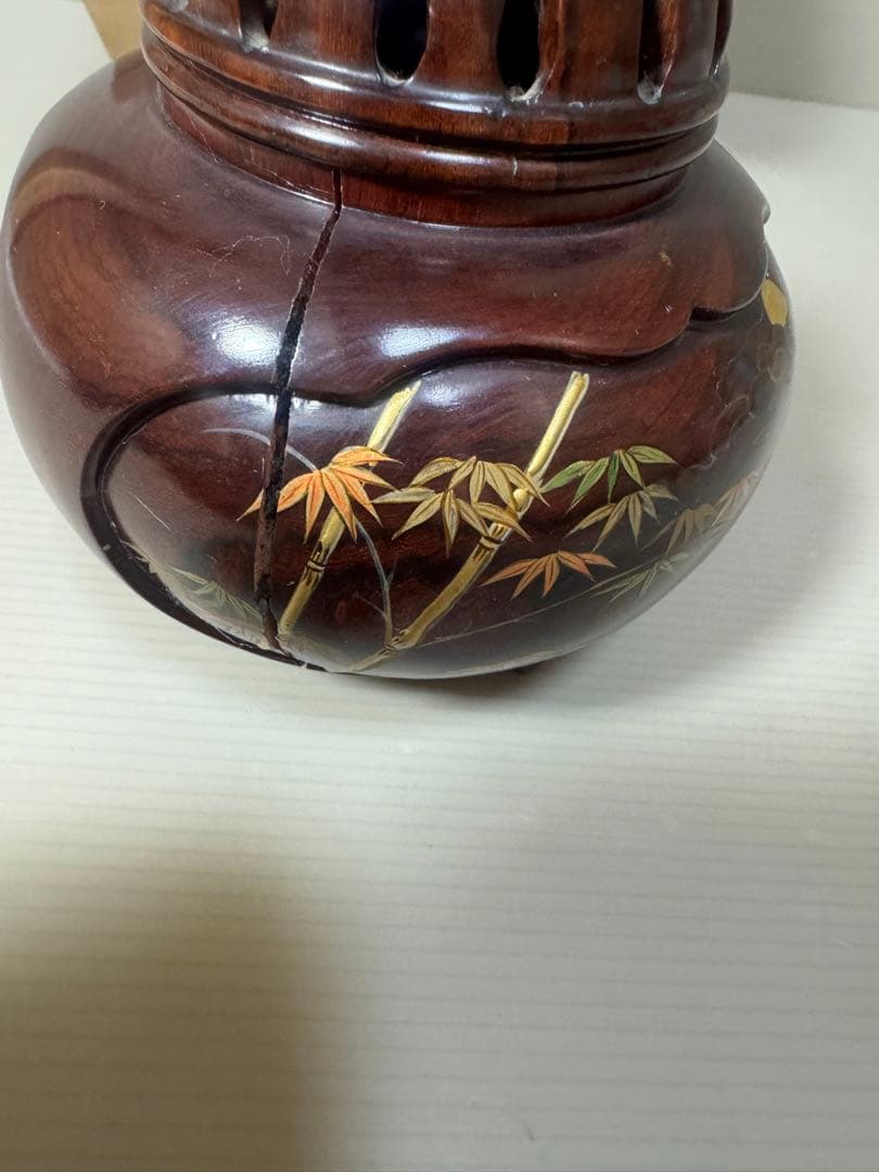 2164 雲龍作　本紫壇 金蒔絵 鳳凰　山水之図　香炉