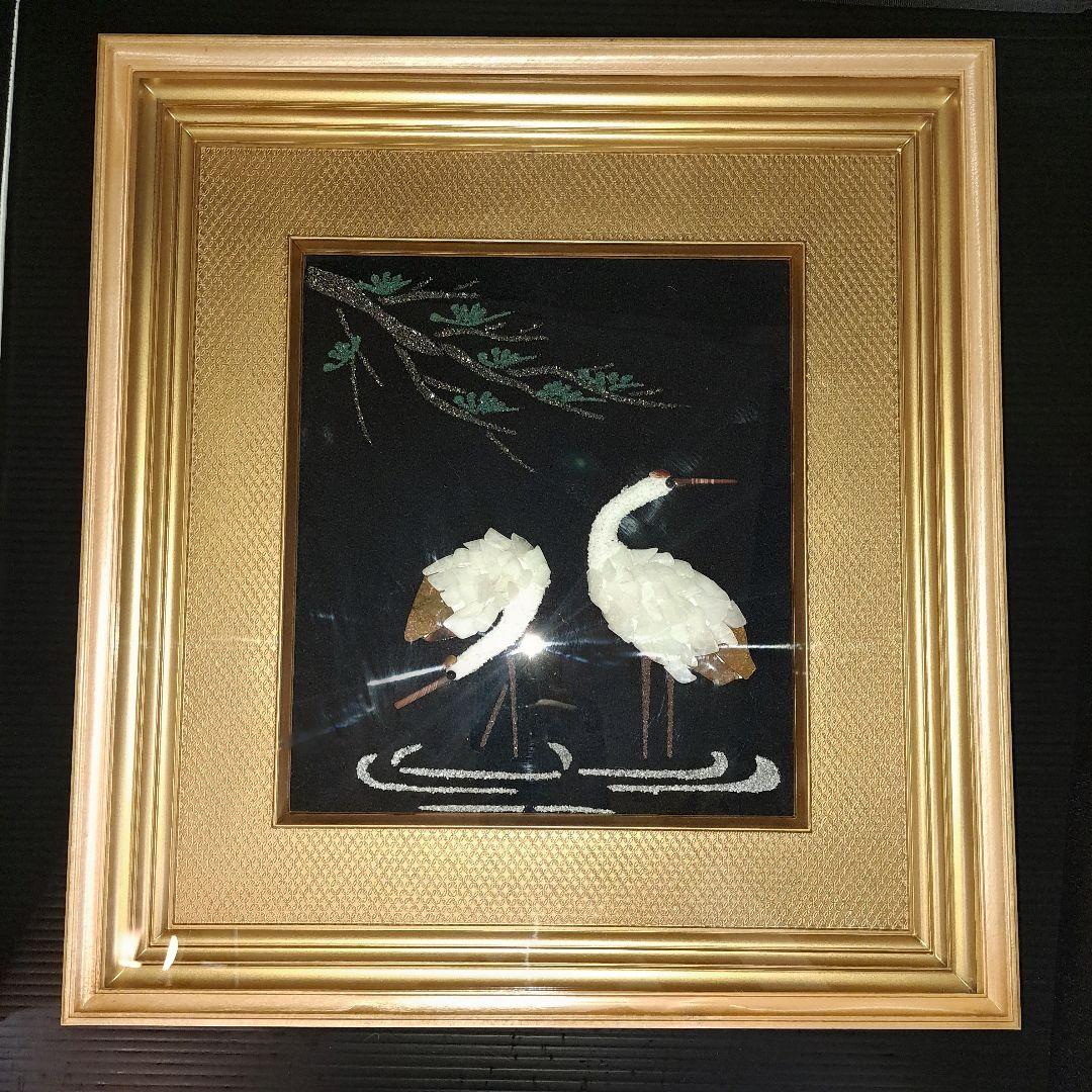 【伝統美術工芸】 貴石画 宝石画 夫婦鶴 縁起物 アンティーク フレーム付