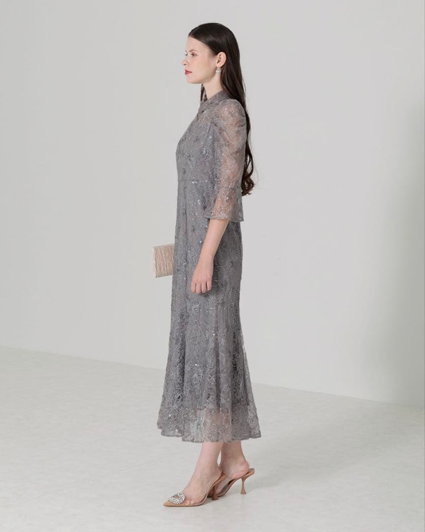 【LEJA】スパンコール花柄刺繍ソフトパフスリーブマーメイドラインドレス