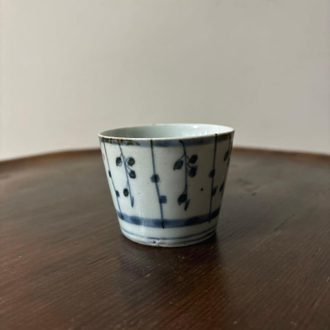 古伊万里染付　格子縞　蔓草文　蕎麦猪口　江戸初期.前期　盃　アンティーク　李朝