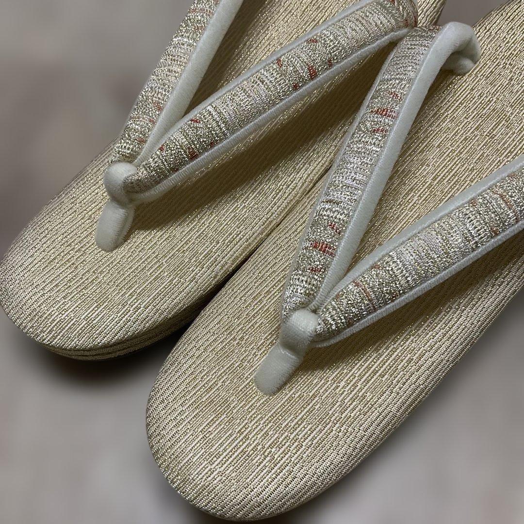 ◆未使用◆御誂菱屋◆草履和装バックセット◆金糸◆絹 ◆本革使用◆24cm◆箱入