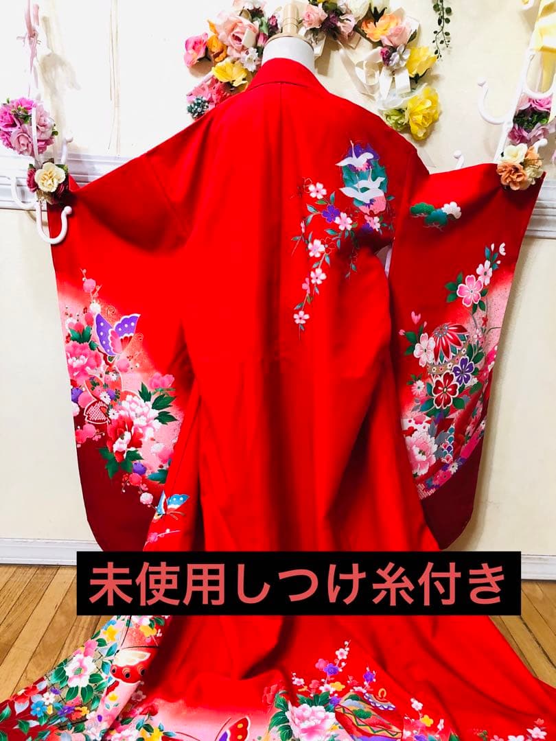 七五三七歳❣️新品着物✨赤地手毬蝶々花金彩⭐︎作り帯楽々⭐︎完全フルセット銘品