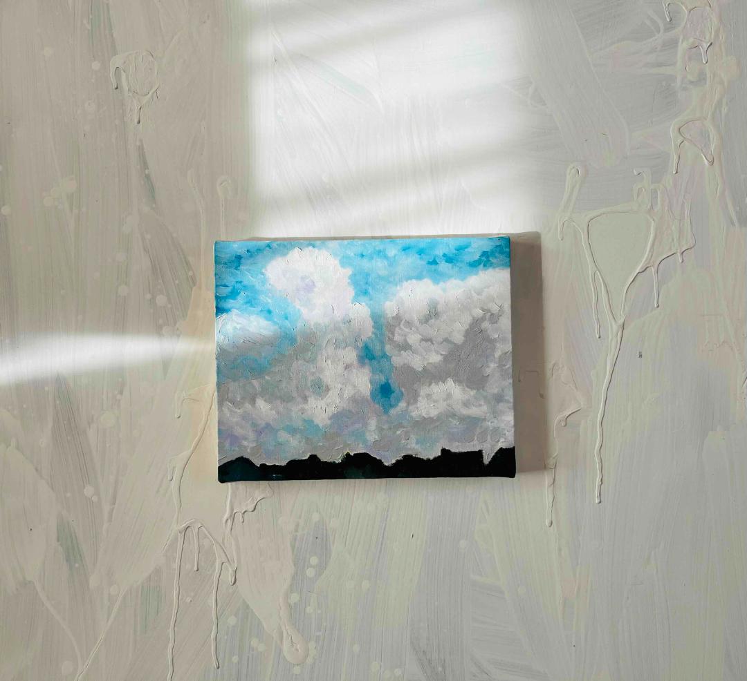 彩画　原画「民家とジャイアントクラウド」　絵画 22×27㎝ F3　キャンバス