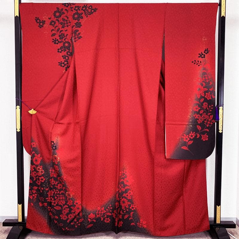 507z9☆人気！振袖 モダン シック 金彩 地紋 赤黒☆結婚式 成人式