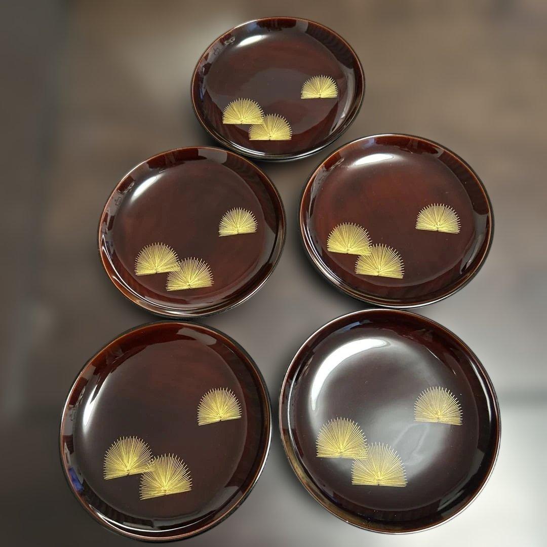 【未使用】輪島塗 東恒博 溜塗 寿松沈金 各5客 銘々皿/茶托