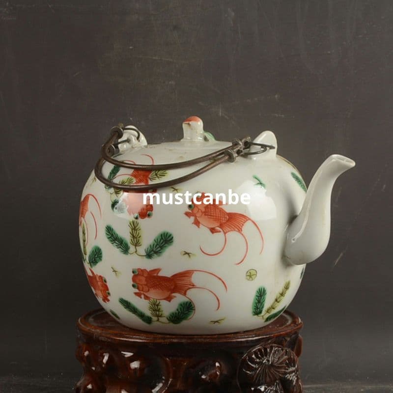 パステル魚藻紋支釘提梁壺 茶壺 茶道具 景徳鎮 陶磁器 装飾品 現代工芸品 置物