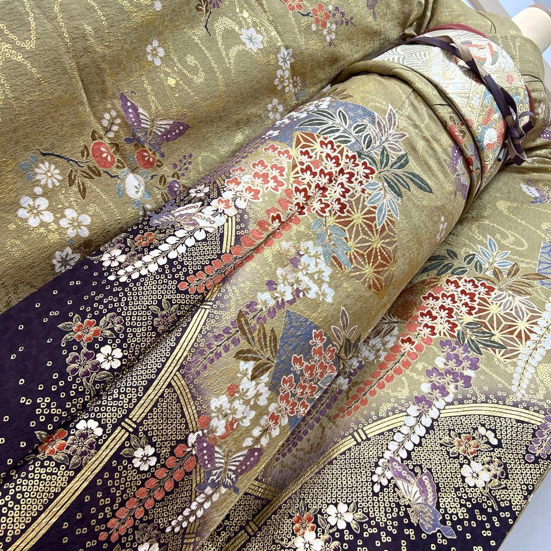 382 振袖フルセット 正絹 カーキ 茶 金彩 暈し染め 鈴乃屋 シック くすみ