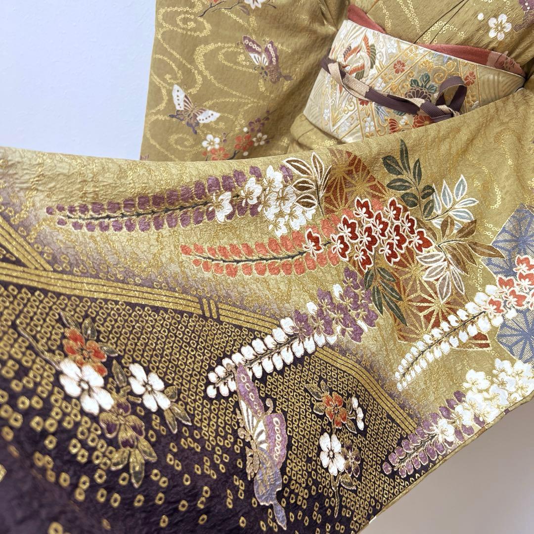 382 振袖フルセット 正絹 カーキ 茶 金彩 暈し染め 鈴乃屋 シック くすみ