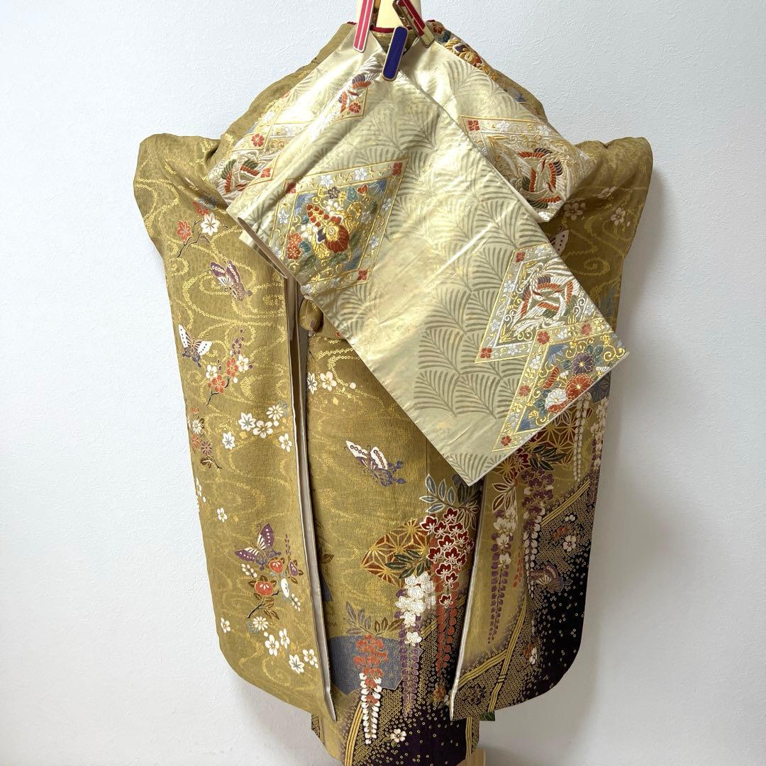 382 振袖フルセット 正絹 カーキ 茶 金彩 暈し染め 鈴乃屋 シック くすみ