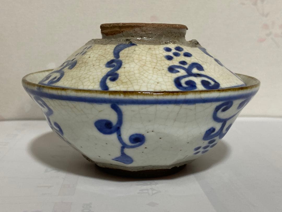 ♦呉須染付 八角面取り 蓋物碗 茶道具 懐石用 古美術品 明治時代 江戸？骨董品