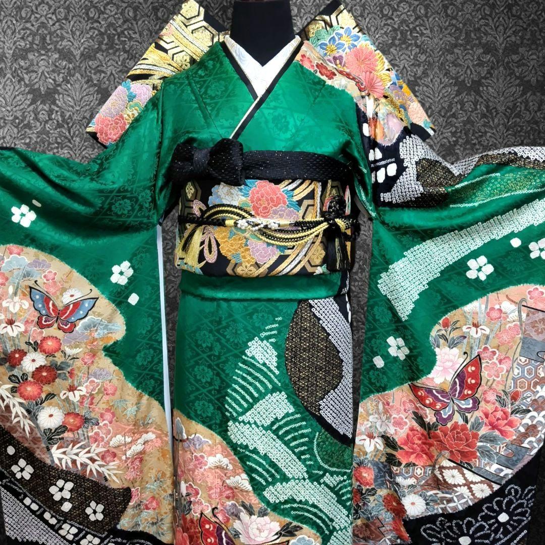 振袖フルセット(7点)・成人式・絞り・鹿の子 ・金彩・古典・熨斗