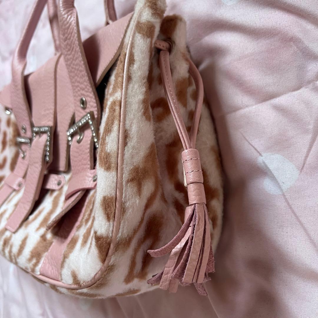 当時物 ピンクヒョウ柄ファー 姫ギャル平成y2kグランジラインストーンレオパード