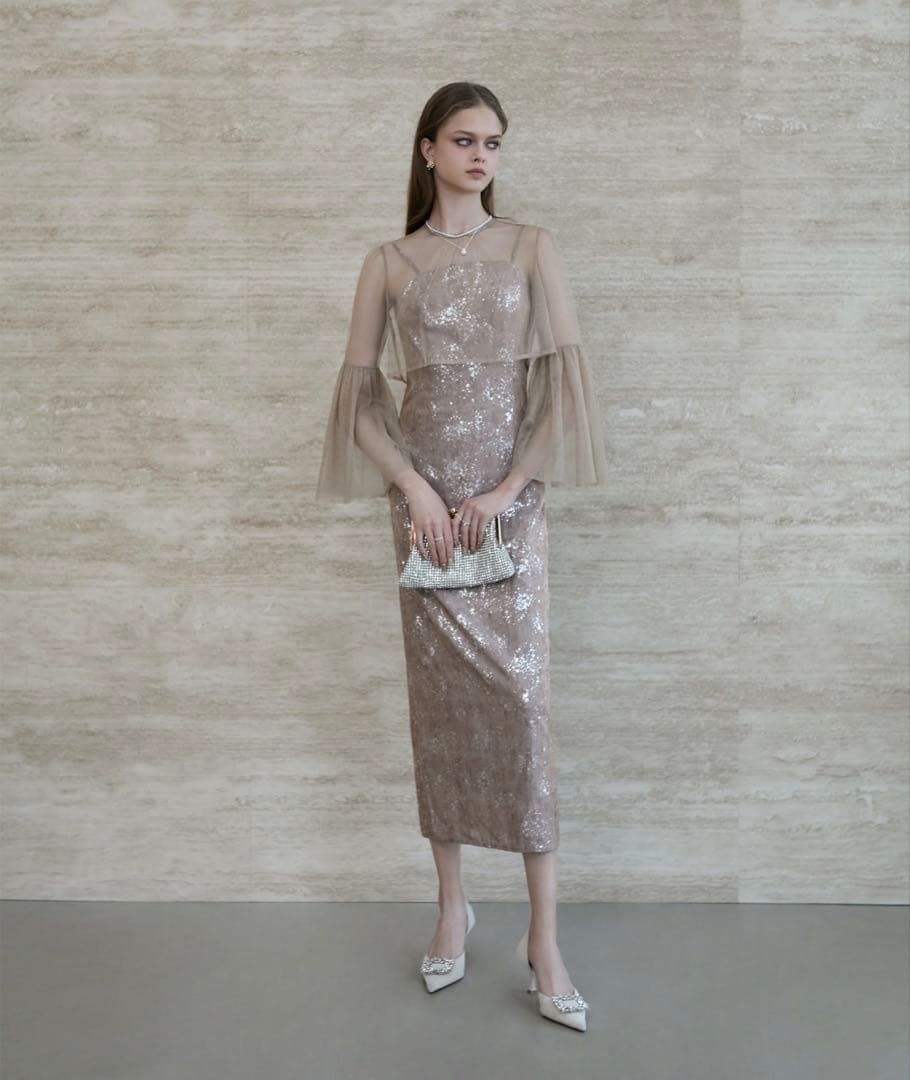 LEJA シアーチュールベルスリーブペイントIラインワンピースドレス