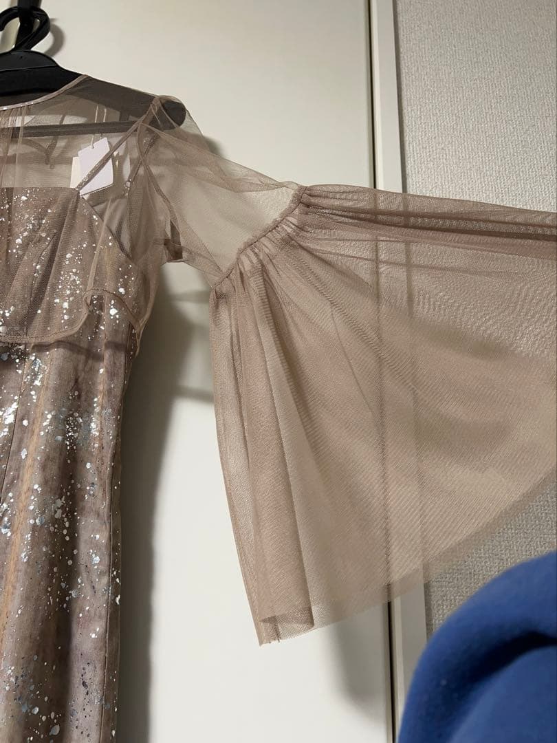 LEJA シアーチュールベルスリーブペイントIラインワンピースドレス