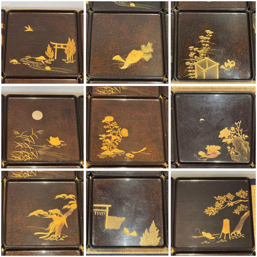 希少 20枚揃 総梨子地 蒔絵 吸物膳 絵替り 吉祥文様 大正〜昭和期 共箱