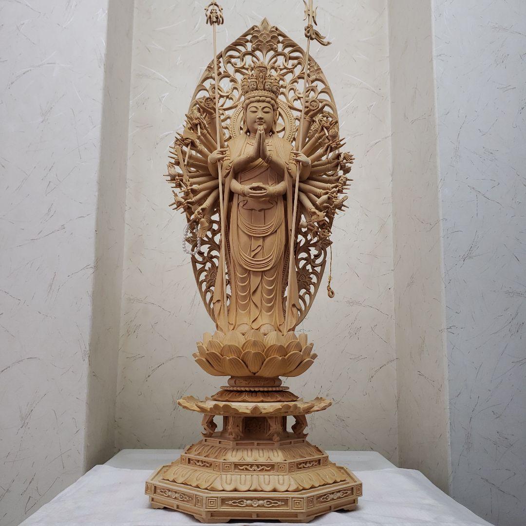 Ｂフライデー蔵出し特価大きな仏像★ヒバ材 千手観音菩薩像1尺立★全高 約68cm