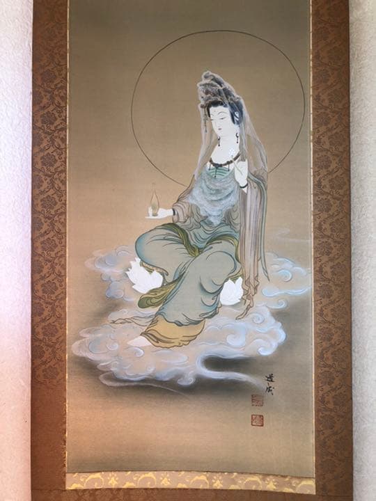 真筆 國井道成 雲上観音図       骨董 仏画 掛け軸