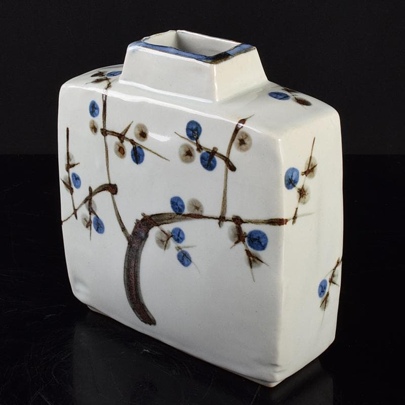 purinmama　人間国宝加藤卓男作白釉梅図　扁壷　共箱　M　R5120