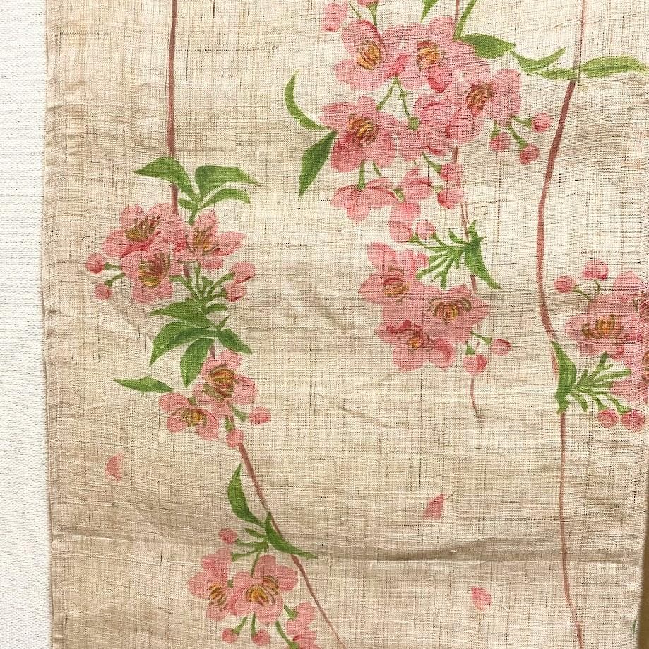 手描き麻暖簾【枝垂櫻】手染め　桜のれん 巾77×158cm　一点物　アンティーク