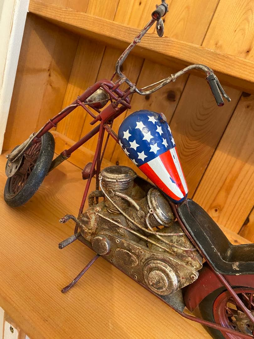 アンティークブリキ　ダメージ加工バイク模型ハーレー　星条旗柄
